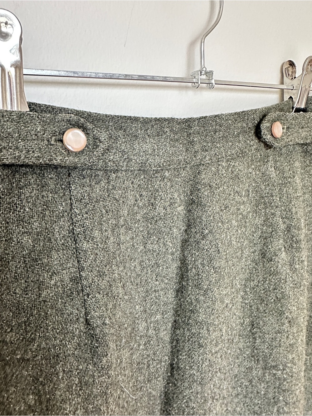 Johnny Apple Vintage Olive Green Wool Pencil Skirt with Button Waist Detail
